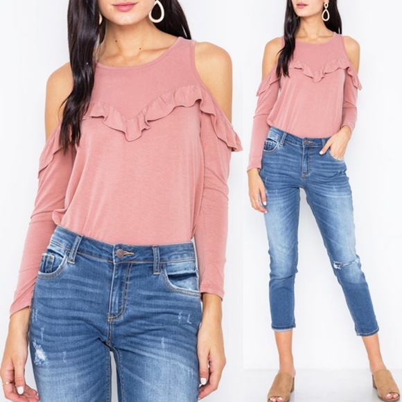 Hummingbird Tops - Mauve Pink Pretty Ruffle Soft Cold Shoulder Top